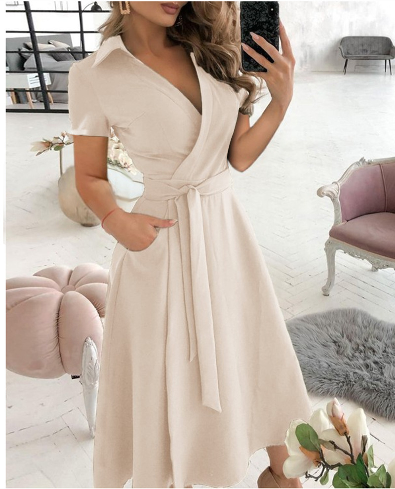Wrap Dress Work - Damska sukienka midi z krótkim rękawem,